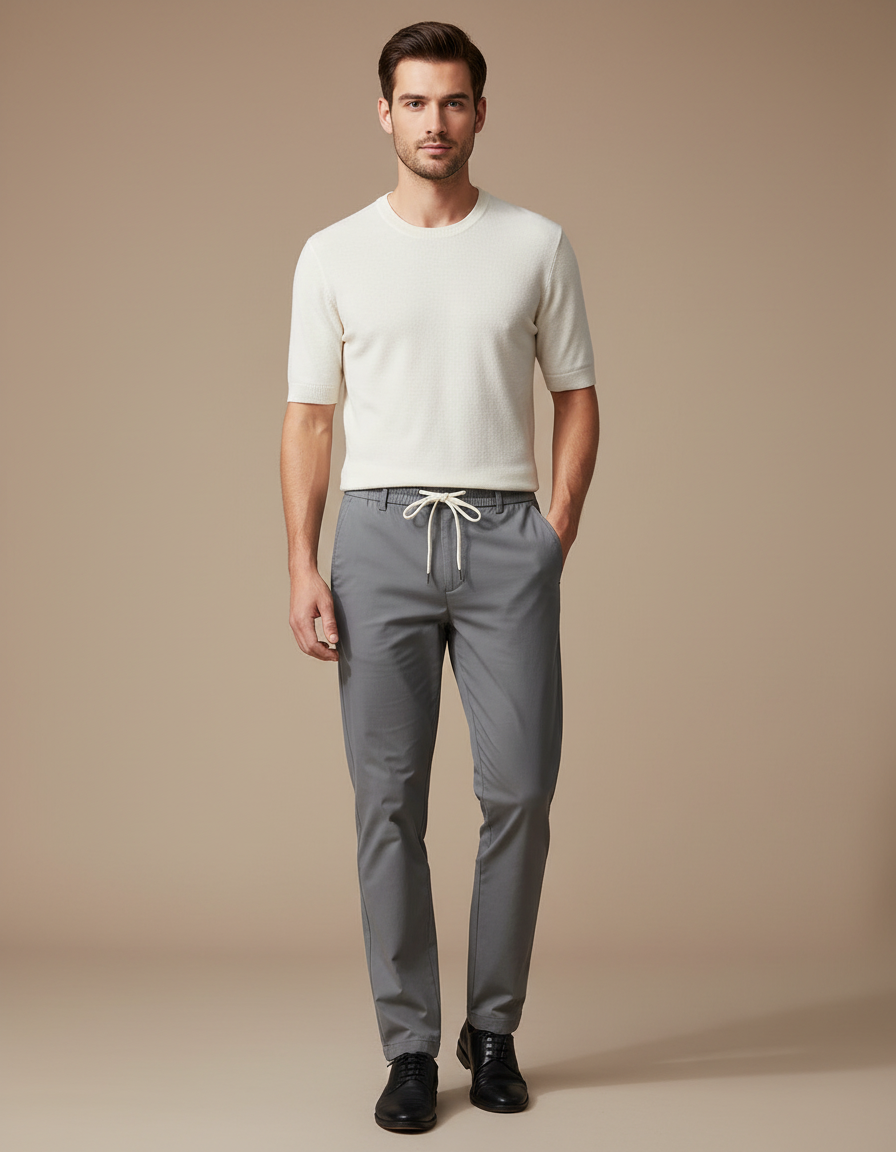 Pantalon Chino Gris Cordon Élastique Droit Décontracté Homme - Gabardine
