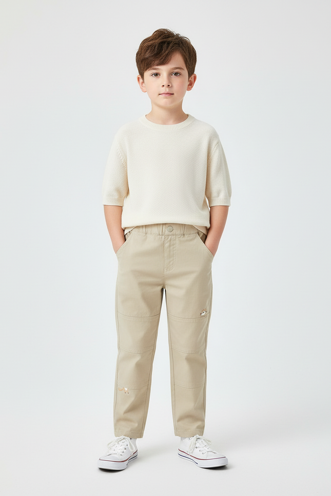 Pantalon Chino Beige Décontracté Brodé Garçon Coton