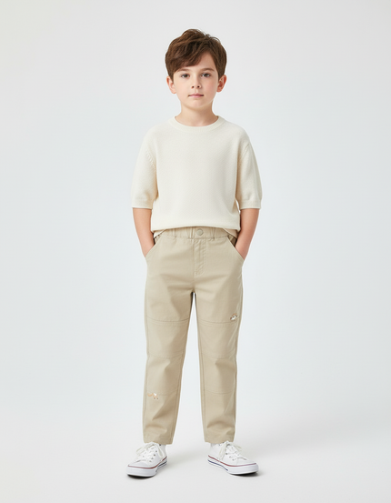 Pantalon Chino Beige Décontracté Brodé Garçon Coton