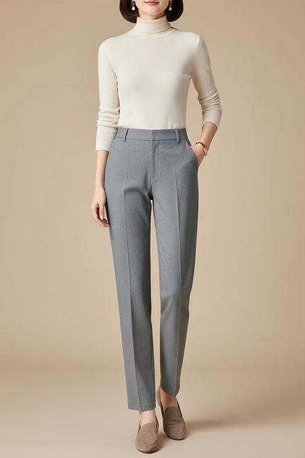 Pantalon Chino Gris Droit Taille Haute Élégant Femme - Gabardine
