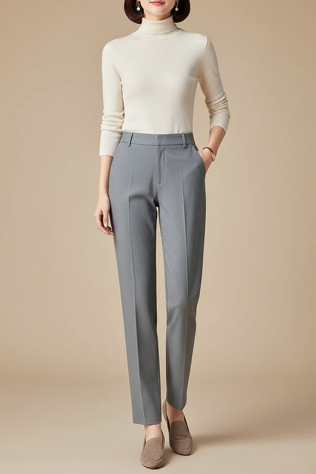 Pantalon Chino Gris Droit Taille Haute Élégant Femme - Gabardine