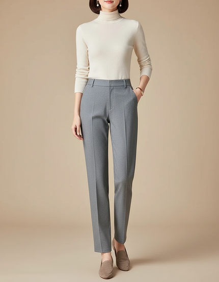 Pantalon Chino Gris Droit Taille Haute Élégant Femme - Gabardine