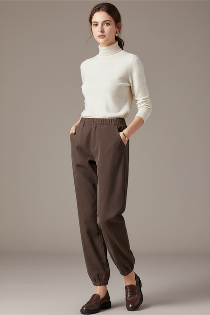 Pantalon Chino Marron Élastique Taille Haute Confortable - Gabardine