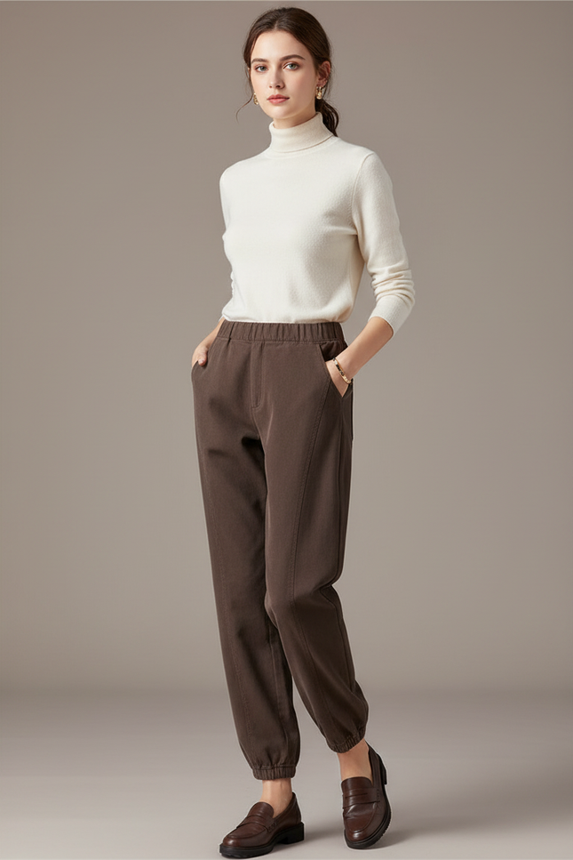 Pantalon Chino Marron Élastique Taille Haute Confortable - Gabardine
