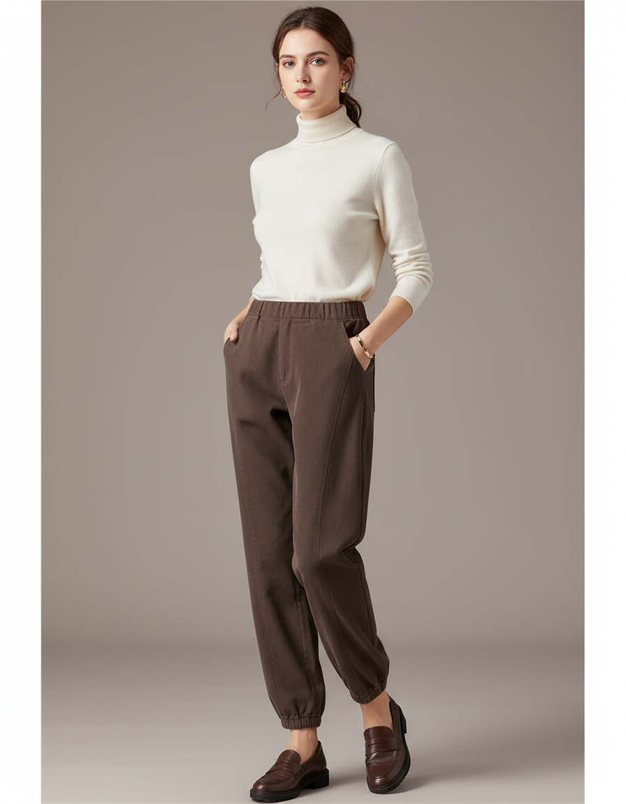 Pantalon Chino Marron Élastique Taille Haute Confortable - Gabardine