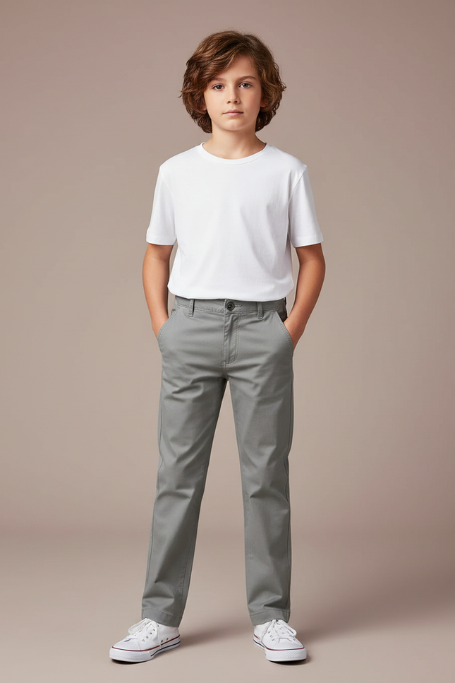 Pantalon Chino Gris Coton Droit Enfant Garçon Uni