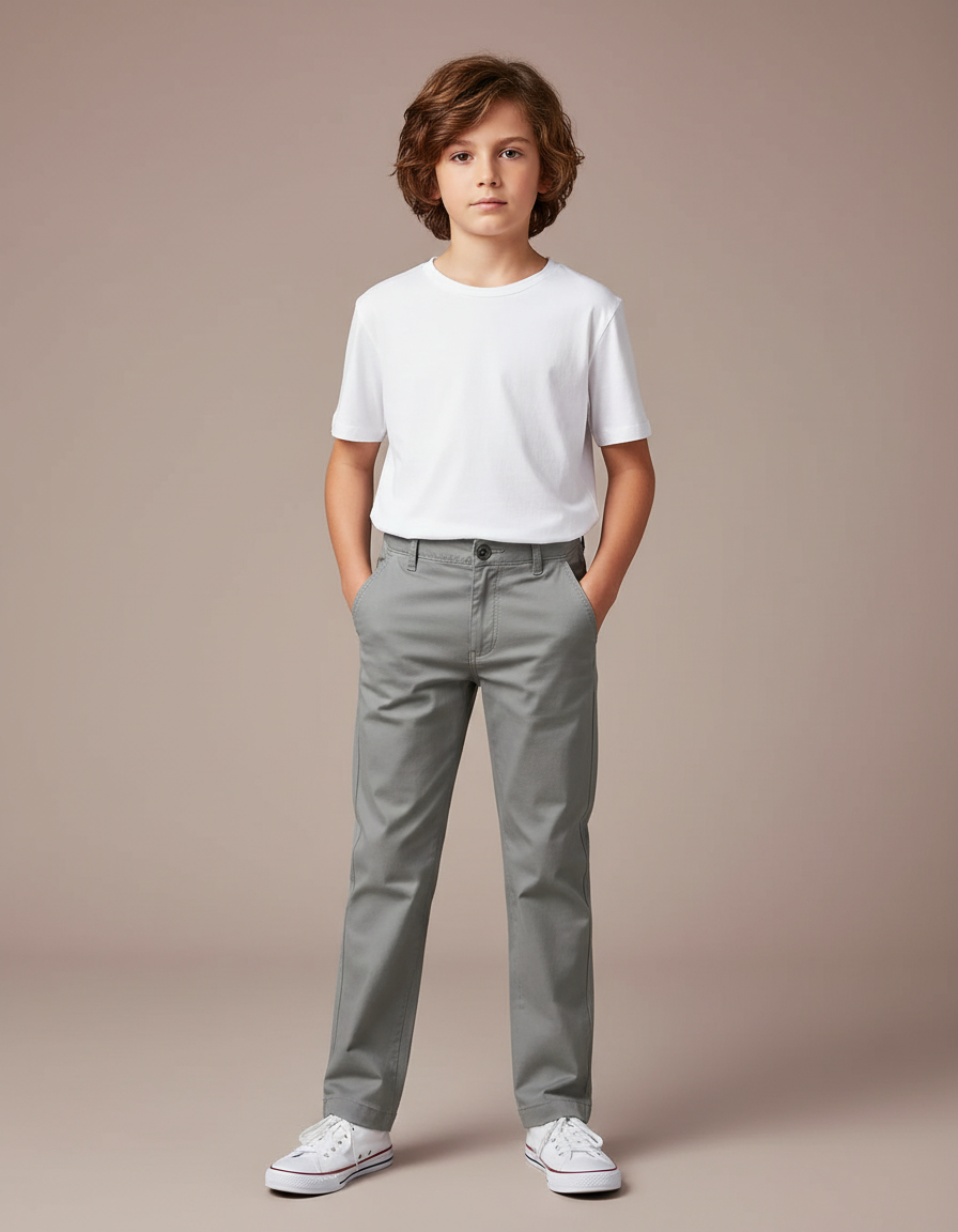 Pantalon Chino Gris Coton Droit Enfant Garçon Uni