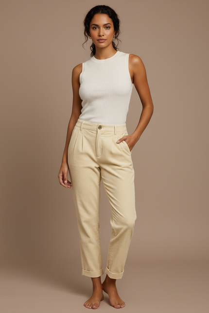 Pantalon Chino Velours Côtelé Écru Droit Décontracté Femme - Beige Cordé