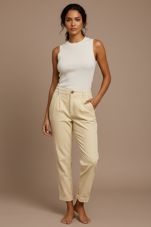 Pantalon Chino Velours Côtelé Écru Droit Décontracté Femme - Beige Cordé