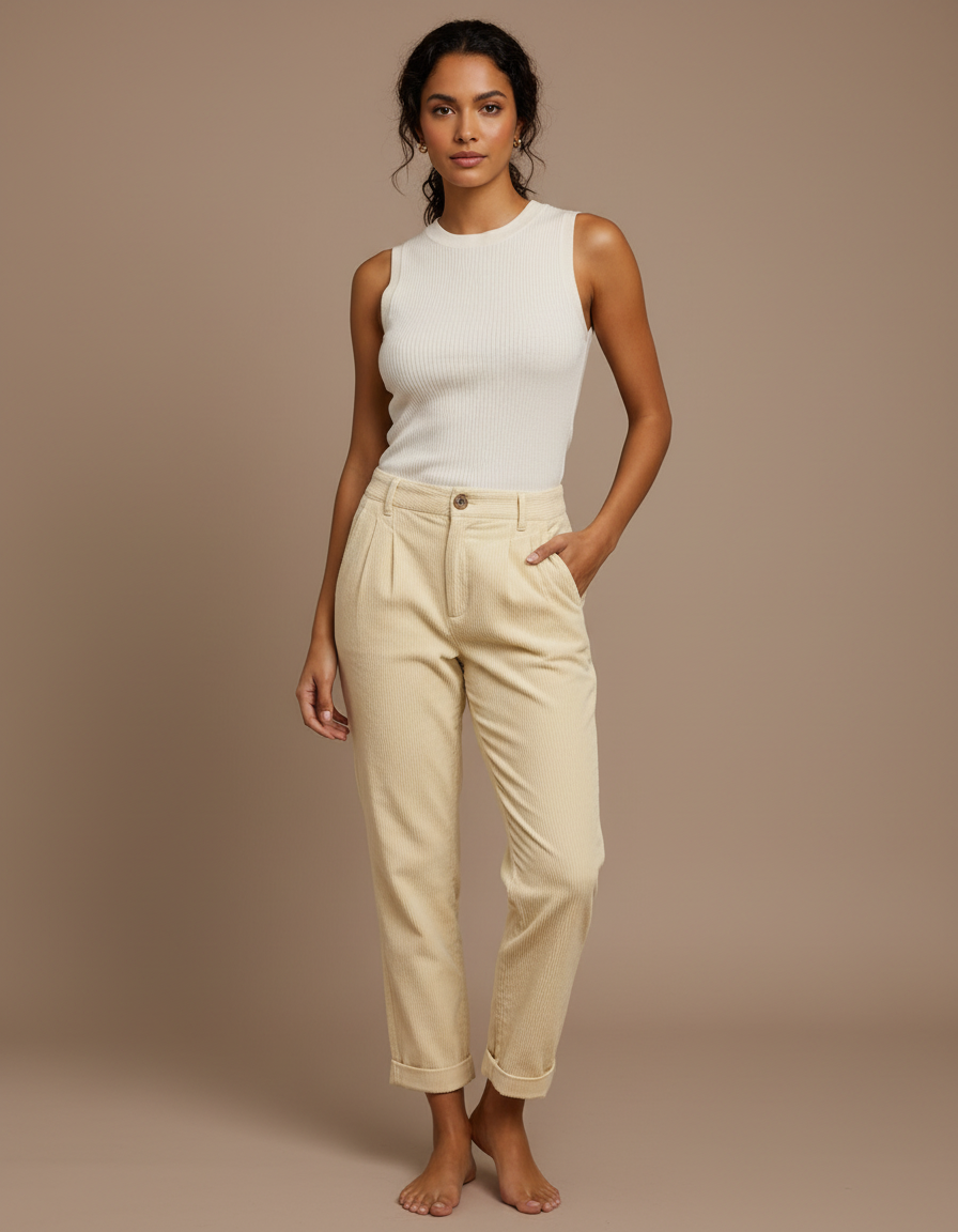 Pantalon Chino Velours Côtelé Écru Droit Décontracté Femme - Beige Cordé