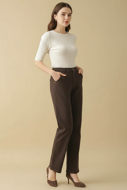 Pantalon Chino Marron Droit Taille Haute Élégant - Gabardine