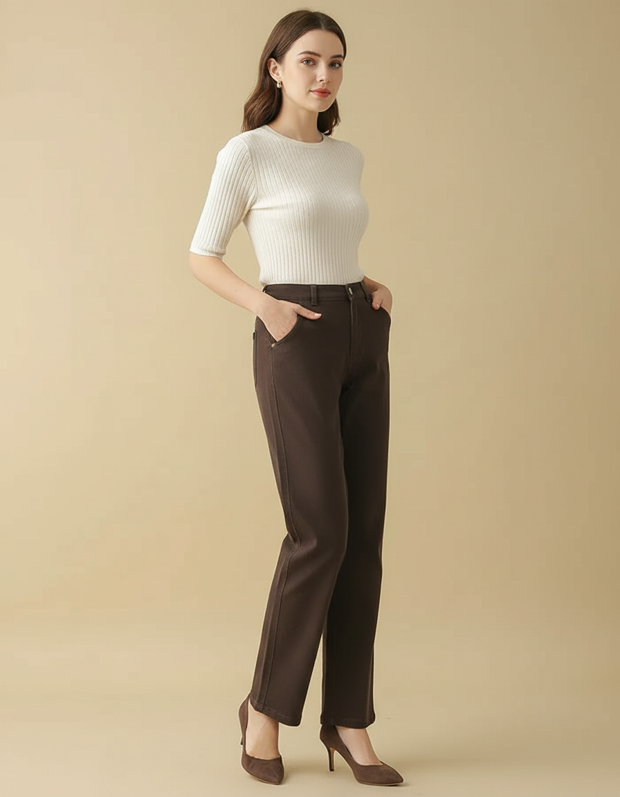 Pantalon Chino Marron Droit Taille Haute Élégant - Gabardine