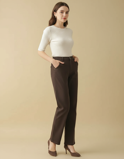 Pantalon Chino Marron Droit Taille Haute Élégant - Gabardine