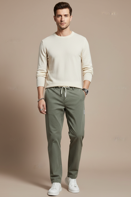 Pantalon Chino Vert Coton Décontracté Cordon Homme - Kaki