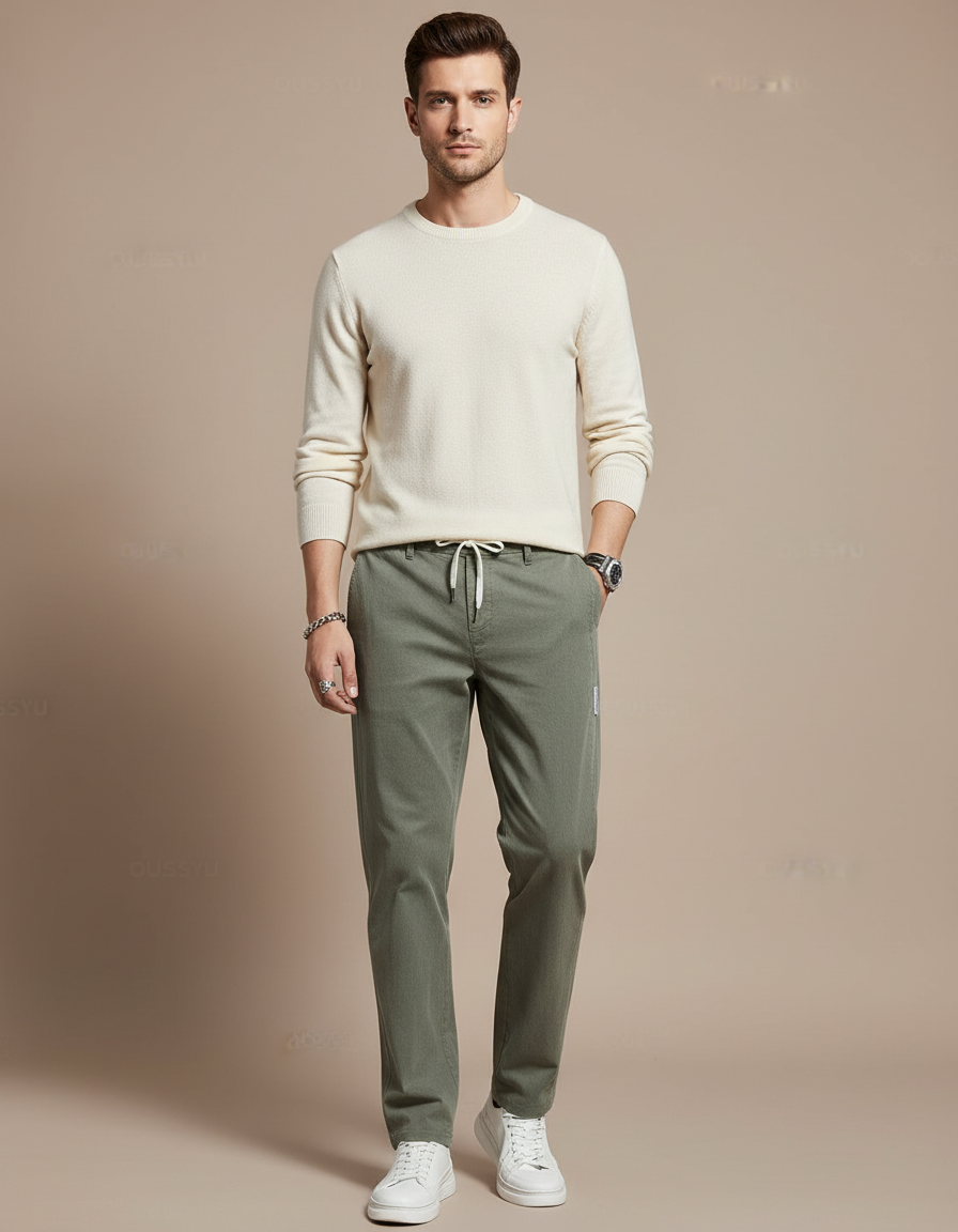 Pantalon Chino Vert Coton Décontracté Cordon Homme - Kaki