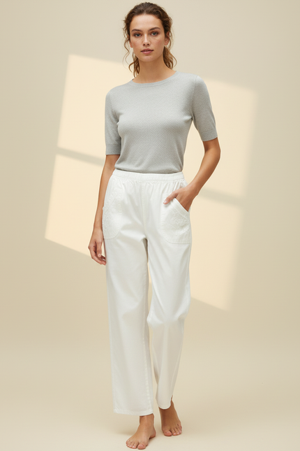 Pantalon Chino Blanc Brodé Ample Coton Fluide Femme