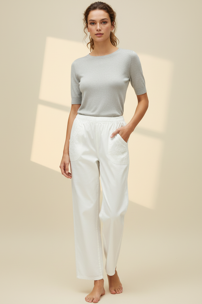 Pantalon Chino Blanc Brodé Ample Coton Fluide Femme