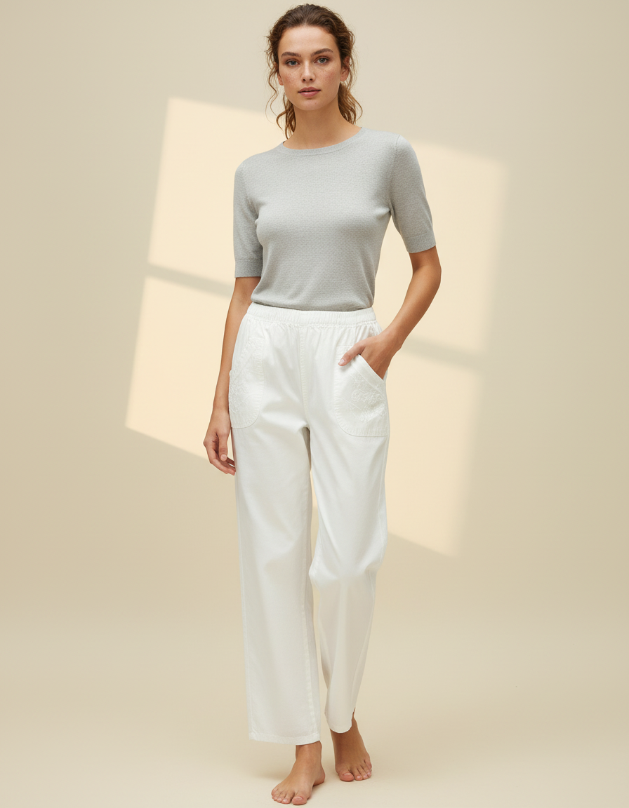 Pantalon Chino Blanc Brodé Ample Coton Fluide Femme