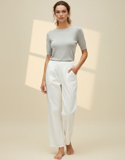 Pantalon Chino Blanc Brodé Ample Coton Fluide Femme