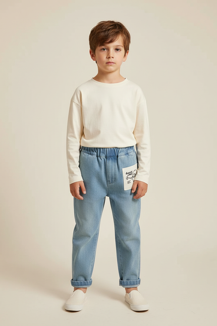 Pantalon Chino Bleu Denim Ample Coton Enfant Décontracté Patch - Jean