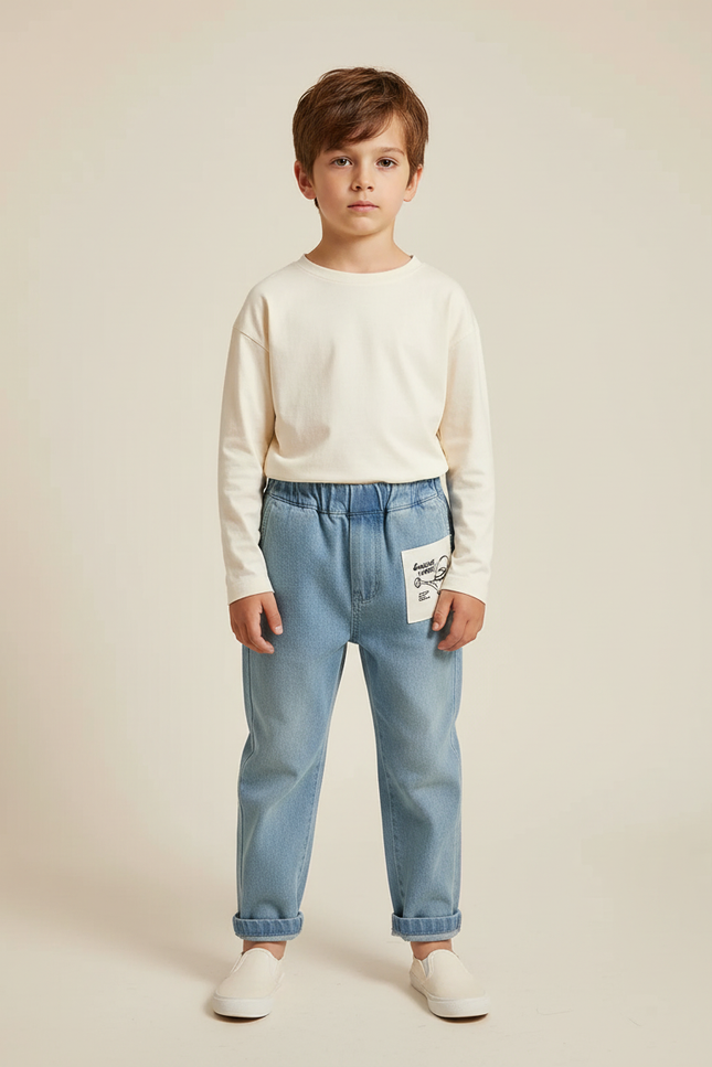 Pantalon Chino Bleu Denim Ample Coton Enfant Décontracté Patch - Jean