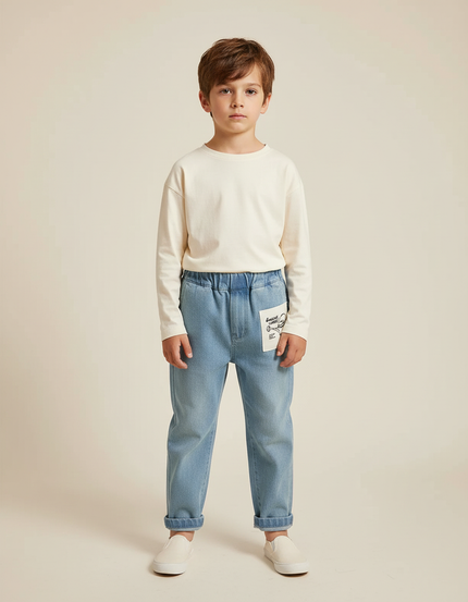 Pantalon Chino Bleu Denim Ample Coton Enfant Décontracté Patch - Jean