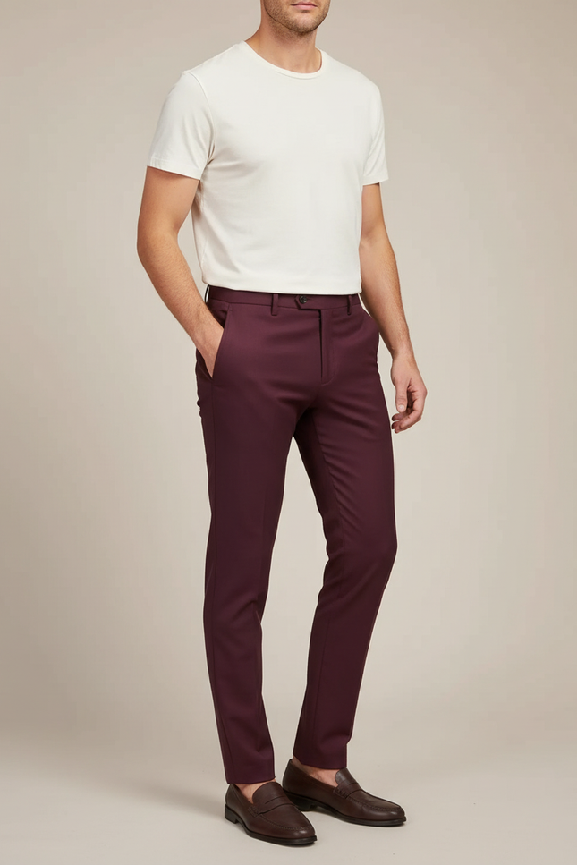 Pantalon Chino Bordeaux Homme Slim Élégant Coton