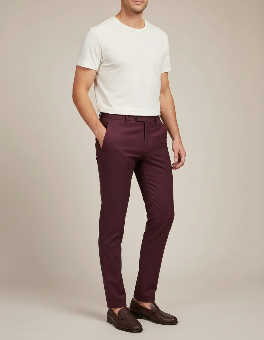 Pantalon Chino Bordeaux Homme Slim Élégant Coton