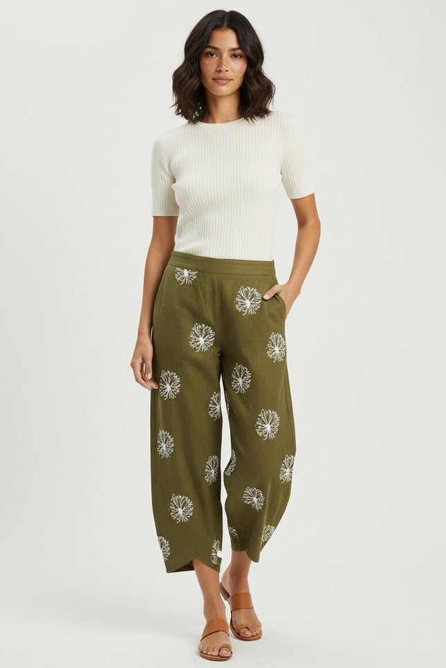 Pantalon Chino Vert Olive Brodé Ample Femme - Kaki Lin