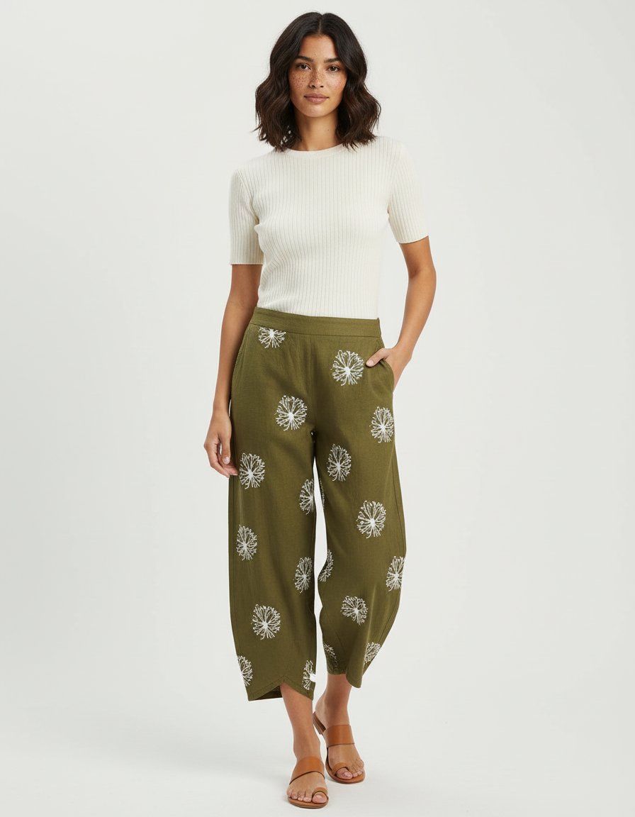 Pantalon Chino Vert Olive Brodé Ample Femme - Kaki Lin