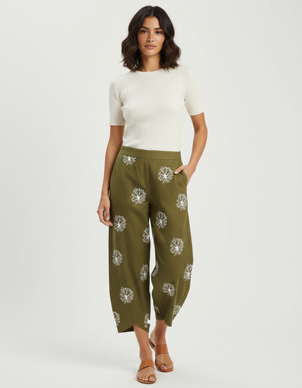 Pantalon Chino Vert Olive Brodé Ample Femme - Kaki Lin