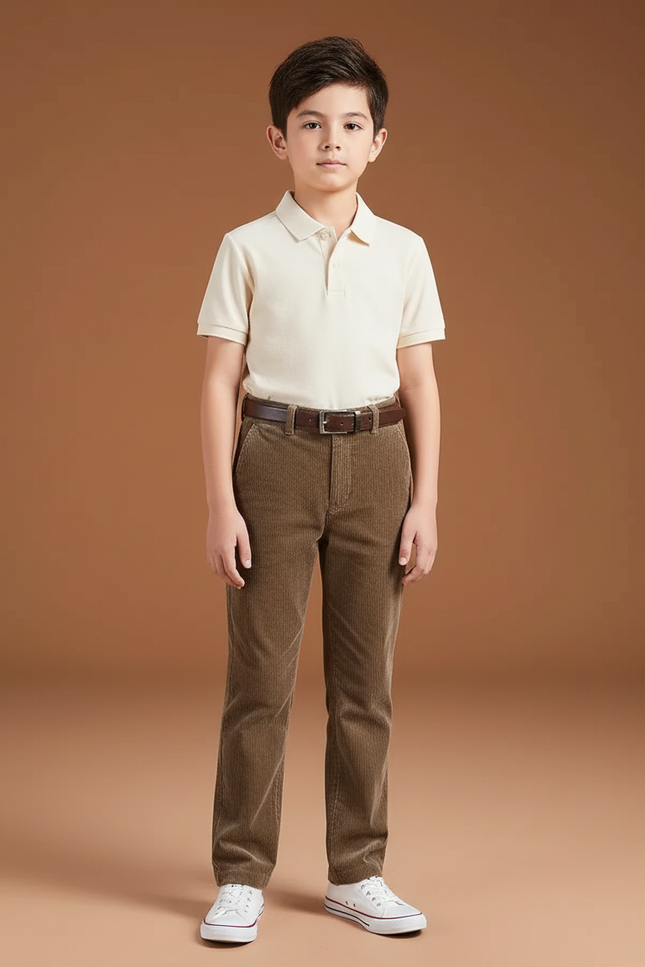 Pantalon Chino Velours Côtelé Marron Coupe Droite Enfant - Cordé