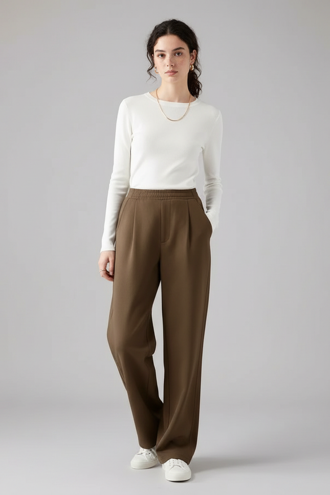 Pantalon Chino Marron Ample Fluide Décontracté Hiver - Polyester