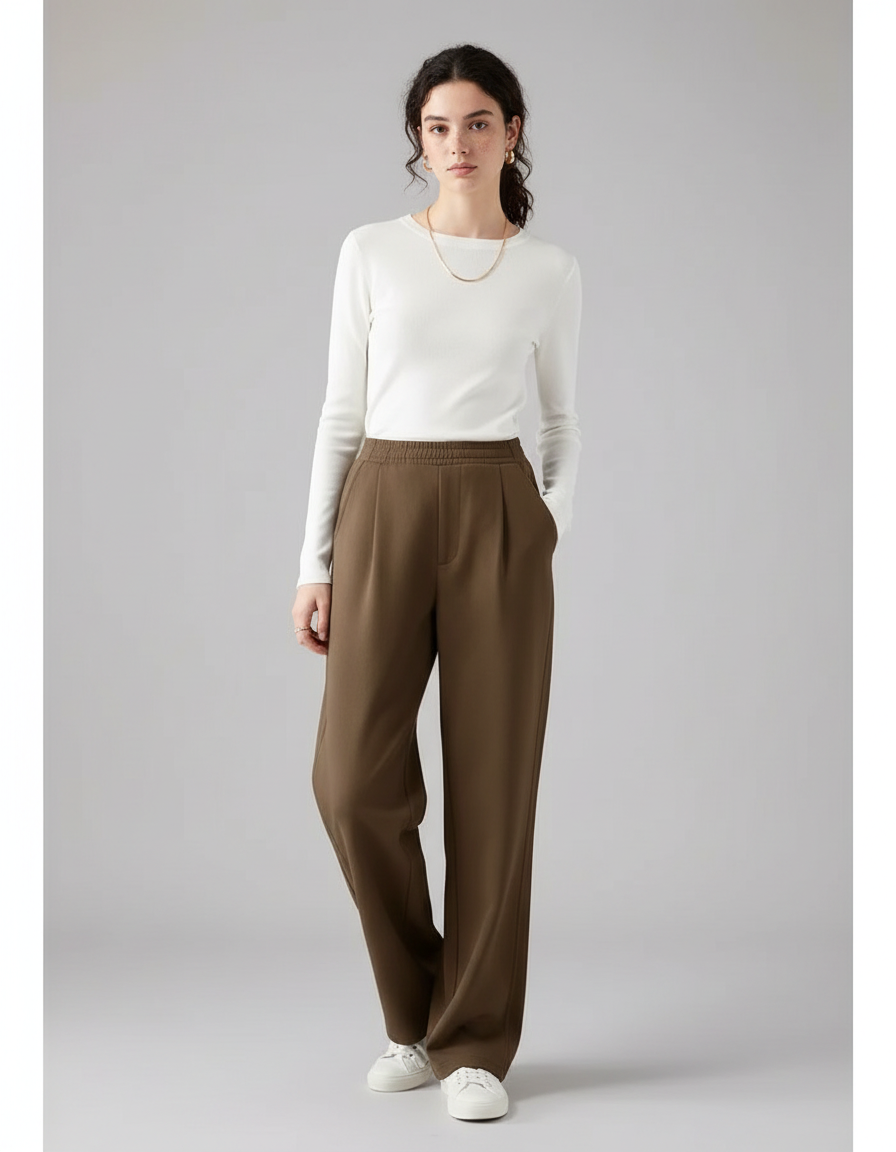 Pantalon Chino Marron Ample Fluide Décontracté Hiver - Polyester