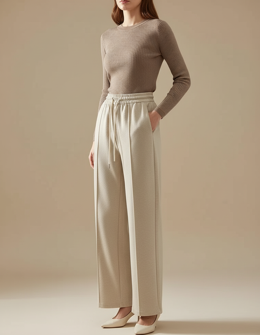 Pantalon Chino Beige Ample Droit Élégant Femme - Molleton