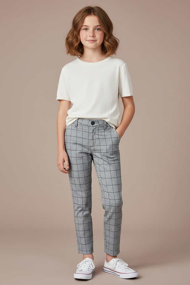 Pantalon Chino Carreaux Gris Slim Fille Décontracté - Gabardine