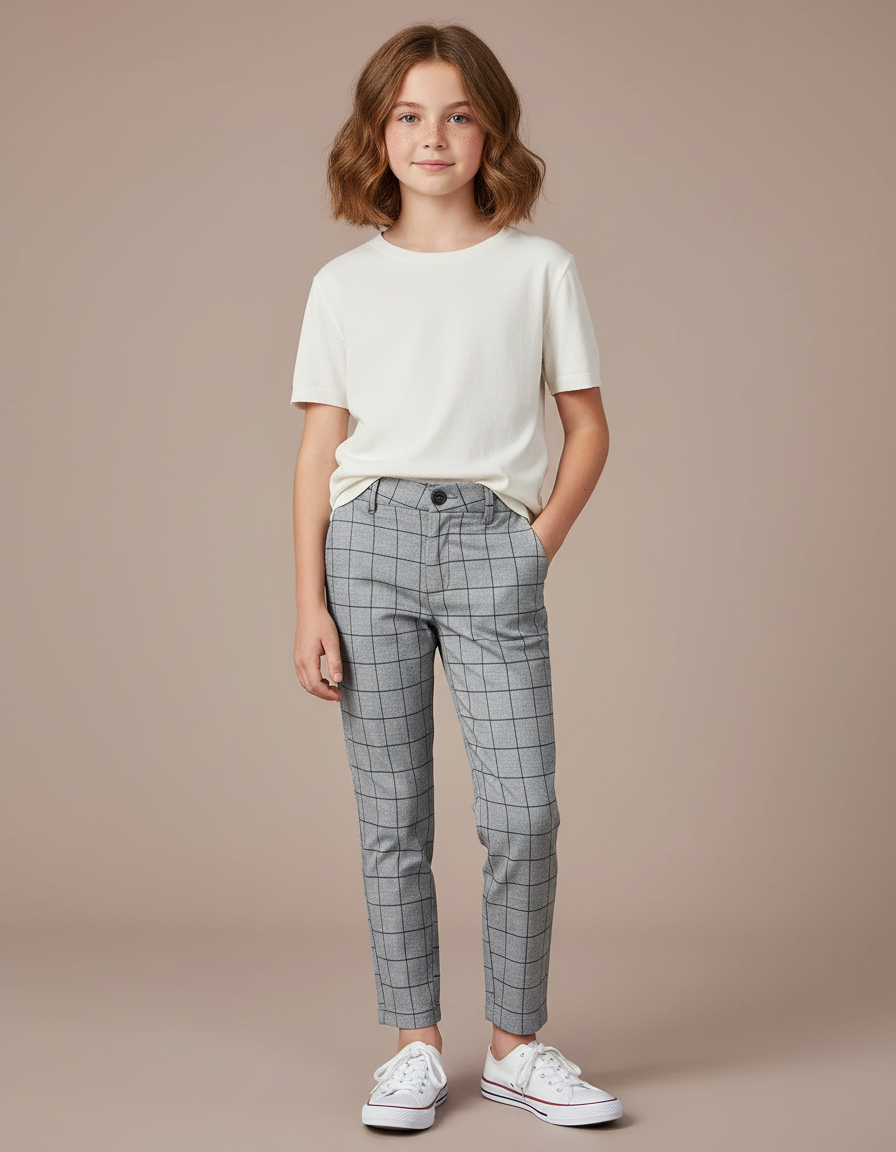Pantalon Chino Carreaux Gris Slim Fille Décontracté - Gabardine