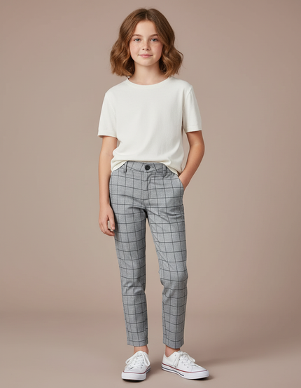 Pantalon Chino Carreaux Gris Slim Fille Décontracté - Gabardine