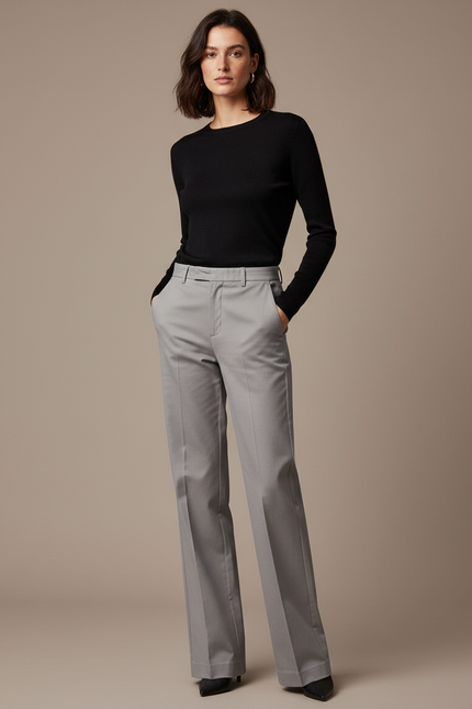 Pantalon Chino Gris Fluide Taille Haute Élégant Femme - Gabardine