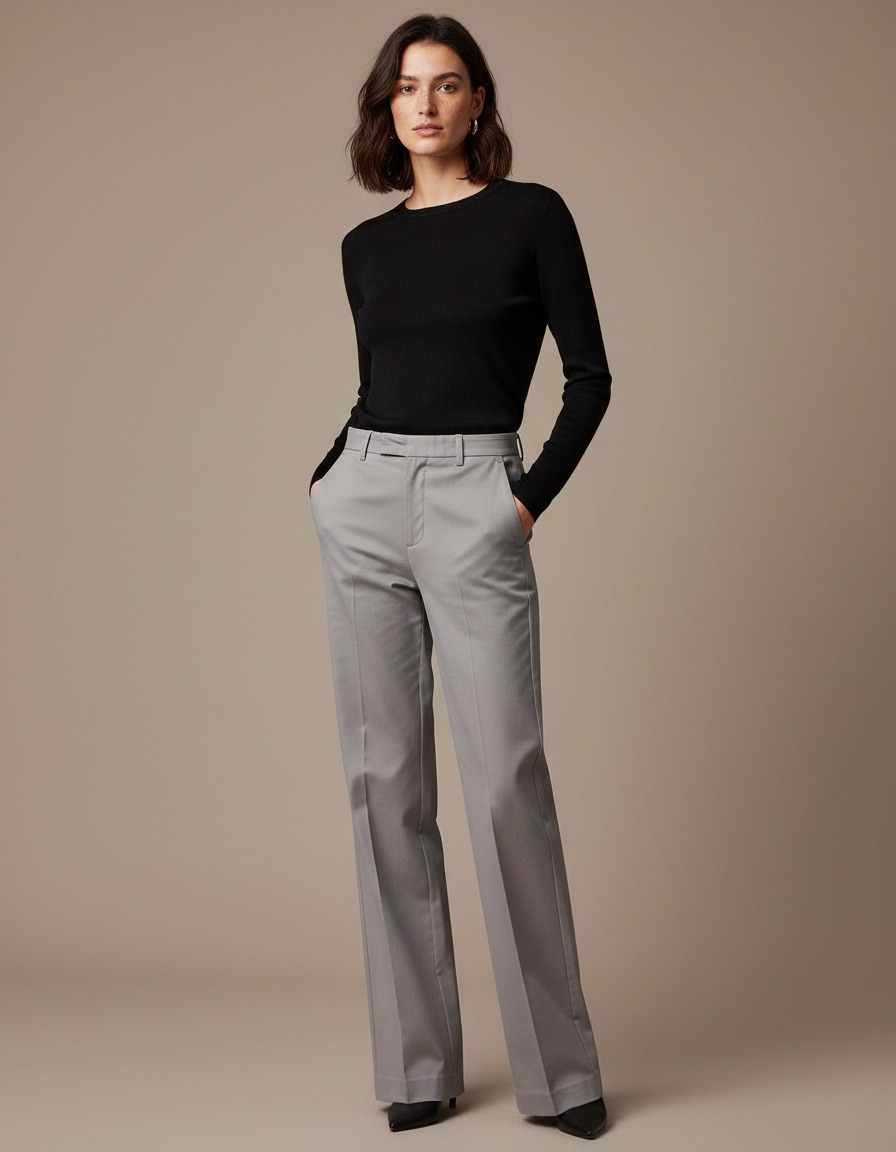 Pantalon Chino Gris Fluide Taille Haute Élégant Femme - Gabardine