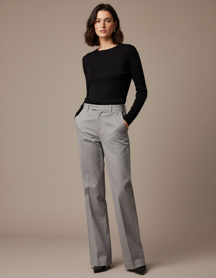 Pantalon Chino Gris Fluide Taille Haute Élégant Femme - Gabardine