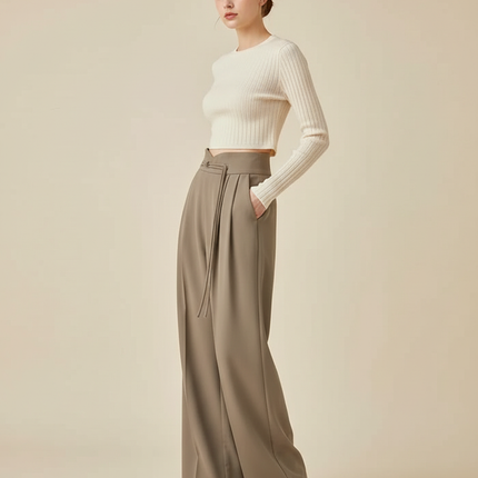 Pantalon Chino Drapé Ample Taille Haute Élégant Femme - Kaki Polyester