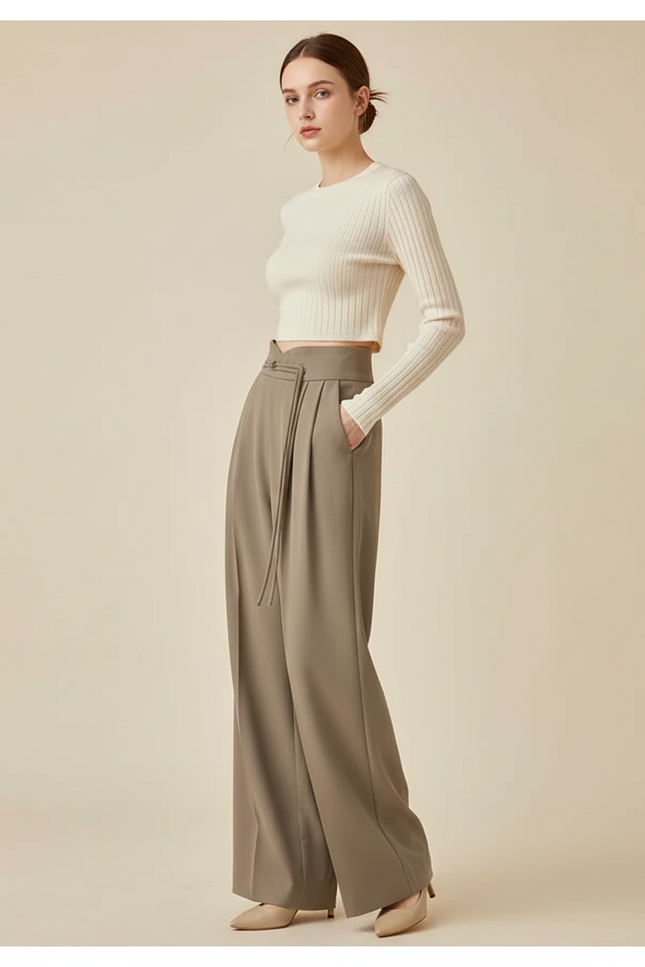 Pantalon Chino Drapé Ample Taille Haute Élégant Femme - Kaki Polyester