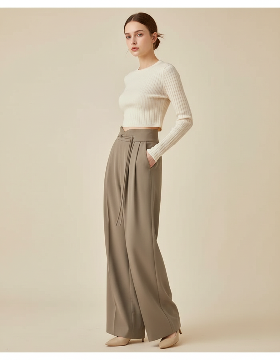 Pantalon Chino Drapé Ample Taille Haute Élégant Femme - Kaki Polyester