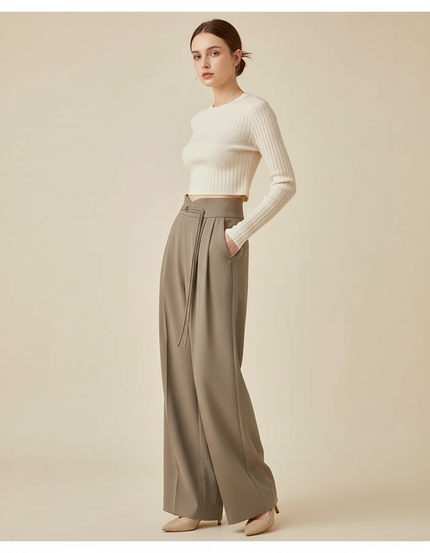 Pantalon Chino Drapé Ample Taille Haute Élégant Femme - Kaki Polyester