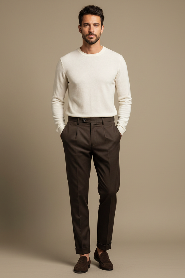 Pantalon Chino Marron Plissé Élégant Slim Homme - Laine