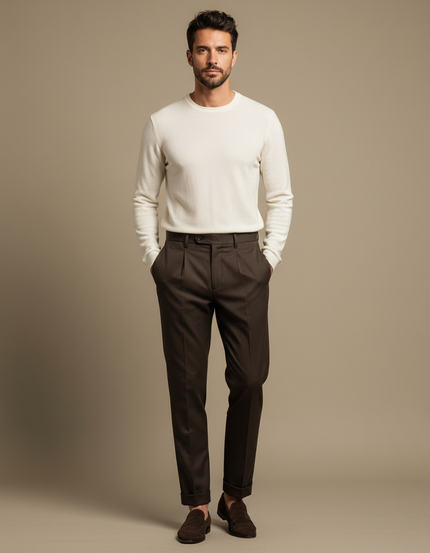 Pantalon Chino Marron Plissé Élégant Slim Homme - Laine