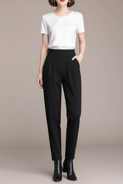 Pantalon Chino Noir Taille Haute Plissé Élégant Femme - Polyester