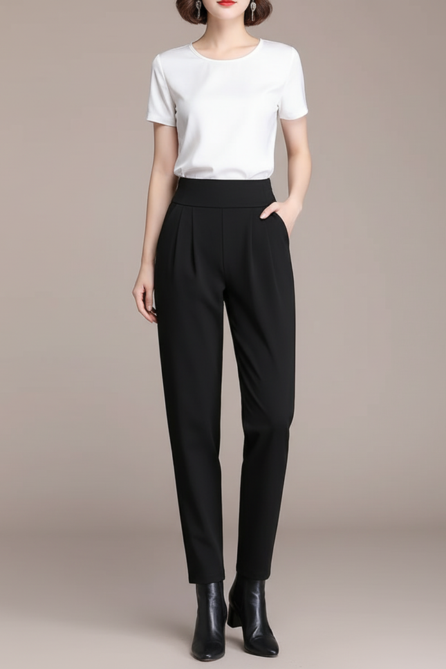 Pantalon Chino Noir Taille Haute Plissé Élégant Femme - Polyester