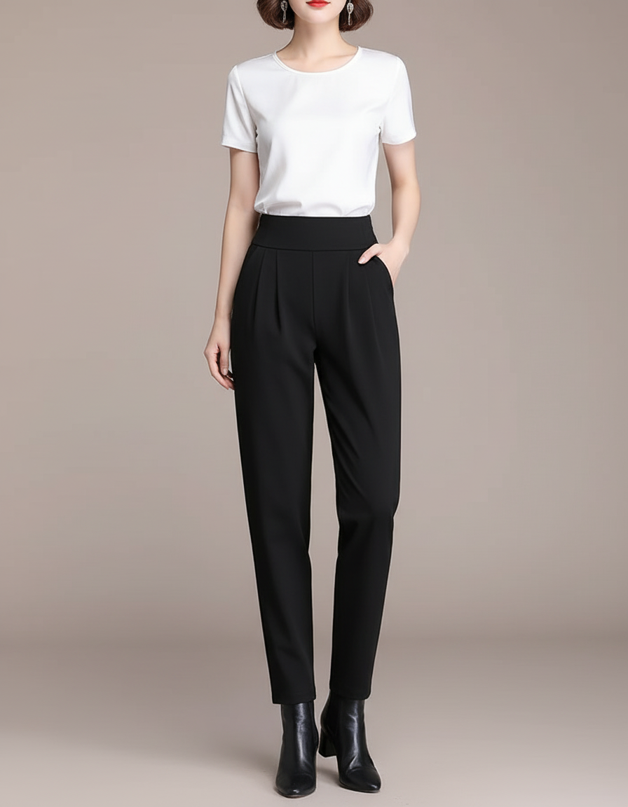 Pantalon Chino Noir Taille Haute Plissé Élégant Femme - Polyester